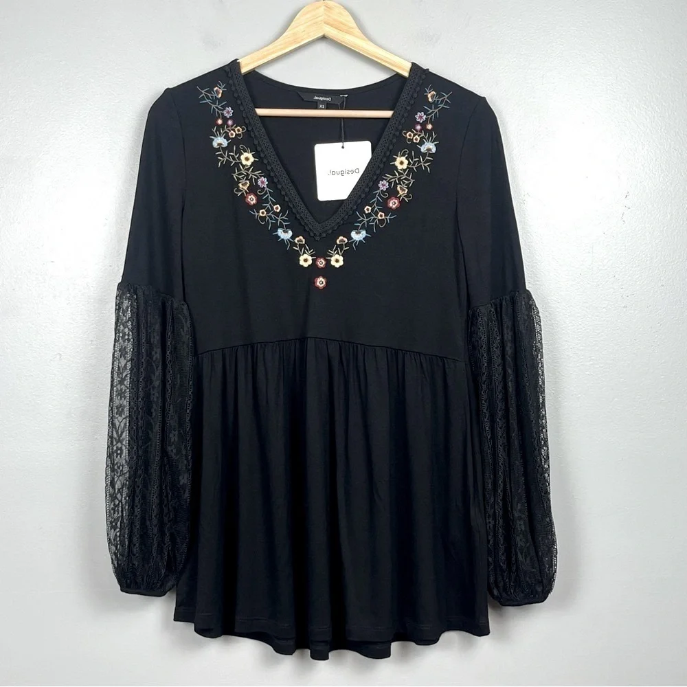 NWT Desigual black Vermont lace balloon sleeve embroidered blouse, XS.